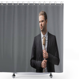 Personality  Tense Businessman With Rope Around Neck Looking Away Isolated On Grey Shower Curtains