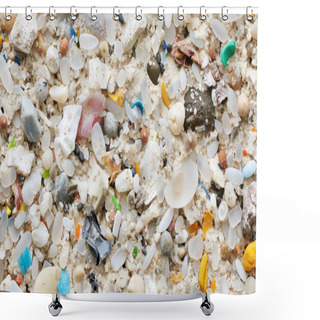 Personality  A Close-up Of A Mix Of Microplastics And Sand On A Beach, Highlighting Pollution Issues. Shower Curtains