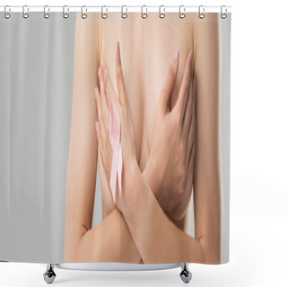 Personality  Panoramic Shot Of Naked Woman With Pink Ribbon Isolated On Grey Shower Curtains