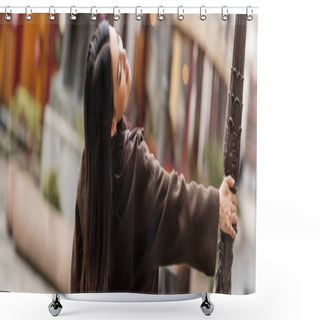 Personality  Back View Of Brunette Woman In Coat Posing Near Lamppost On Street In Prague, Banner Shower Curtains