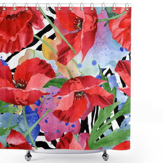 Personality  Red Poppies With Green Leaves Watercolor Illustration Set. Seamless Background Pattern.  Shower Curtains
