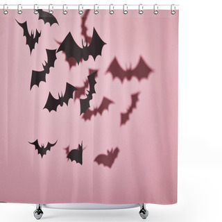 Personality  Black Paper Bats With Shadow On Pink Background, Halloween Decoration Shower Curtains