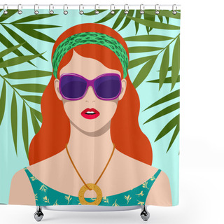 Personality  Beautiful Redhead Woman With Long Wavy Hair Wearing Large Fashionable Sunglasses, Necklace And Dress With Floral Pattern Against Sunny Blue Sky And Green Palm Leaves, Colorful Vector Illustration Shower Curtains