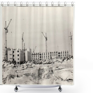 Personality  Vintage Photo Shows Construction Of Blocks Of Flats In USSR. Winter Time. Shower Curtains