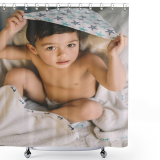 Personality  Overhead View Of Cute Boy, Wrapped In Hooded Towel, Sitting On Bed And Looking At Camera Shower Curtains
