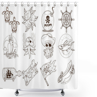 Personality  Set Outline Illustrations For Coloring On The Theme Of Pirates And Marine Inhabitants Shower Curtains