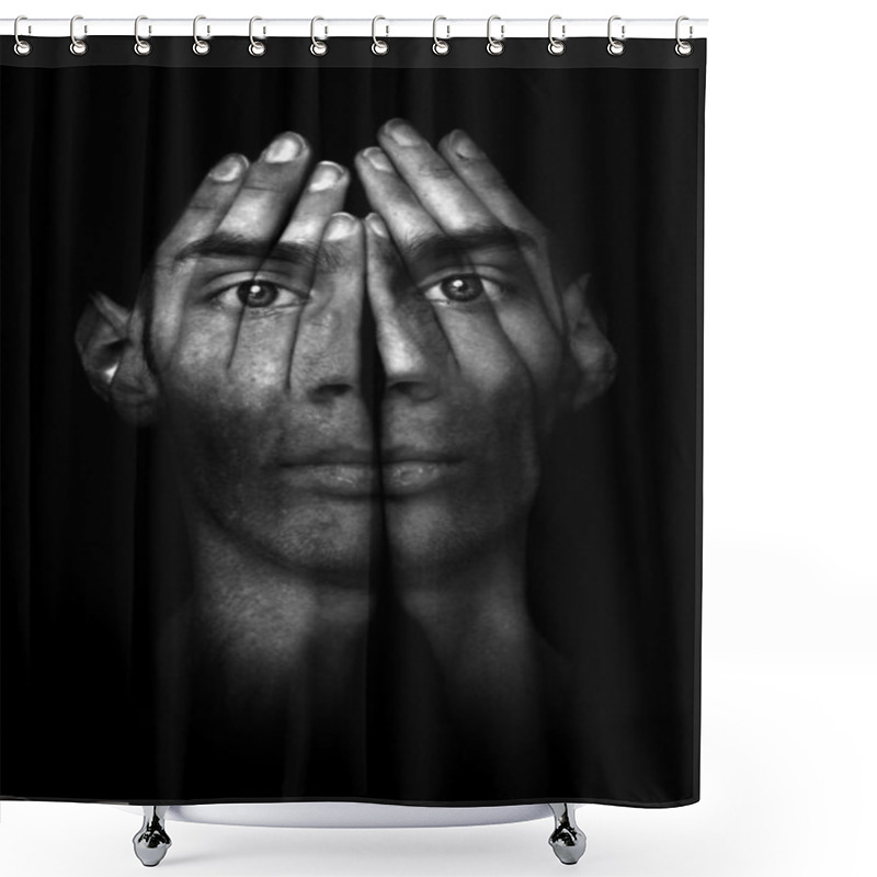 Personality  Surreal dark portrait of a young man covering his face and eyes with his hands, but he can see right through them. shower curtains