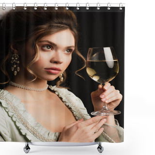 Personality  Charming Woman In Elegant Vintage Outfit Holding Glass Of White Wine Isolated On Black Shower Curtains