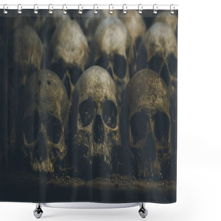 Personality  Collection Of Skulls Covered With Spider Web And Dust In The Catacombs. Rows Of Creepy Skulls In The Dark. Abstract Concept Symbolizing Death, Terror, And Evil. Shower Curtains