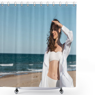 Personality  Positive Young Woman In White Shirt And Swimsuit Near Blue Sea On Sandy Beach Shower Curtains