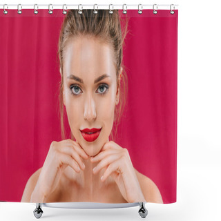 Personality  Naked Beautiful Woman With Red Lips Posing Isolated On Red Shower Curtains