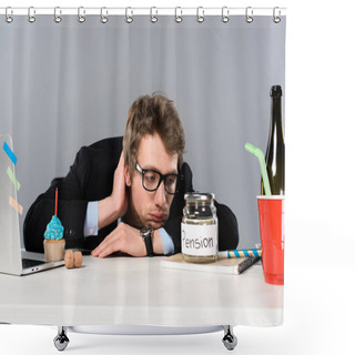 Personality  Sad  Businessman In Glasses Looking At Pension Moneybox Isolated On Grey Shower Curtains
