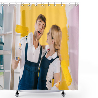 Personality  Cheerful Painter Looking At Camera While Standing Near Attractive Colleague Shower Curtains