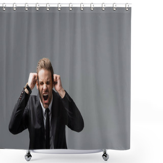 Personality  Angry Businessman Showing Clenched Fists And Shouting Isolated On Grey Shower Curtains