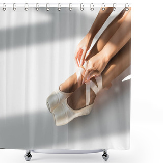 Personality  Cropped View Of Graceful African American Ballerina In Pointe Shoes Sitting On Floor On White Background Shower Curtains
