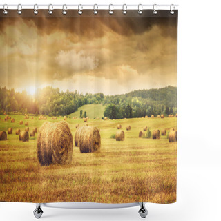 Personality  Field Of Freshly Bales Of Hay With Beautiful Sunset Shower Curtains