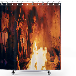 Personality  Tribe Of Prehistoric Hunter-Gatherers Wearing Animal Skins Stand Around Bonfire Outside Of Cave At Night. Portrait Of Neanderthal Homo Sapiens Family Doing Pagan Religion Ritual Near Fire Shower Curtains