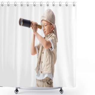 Personality  Explorer Boy In Glasses And Hat Looking Through Spyglass Isolated On White Shower Curtains