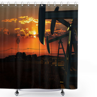 Personality  Close Up Oil Pumps In The Southwest Of USA. Silhouette Of Oil Pumps. Landscape Like Texas, Glowing Sky, Sunset, Clouds. Oil And Gas Industry And Oil Production Concept. 3D Illustration Shower Curtains
