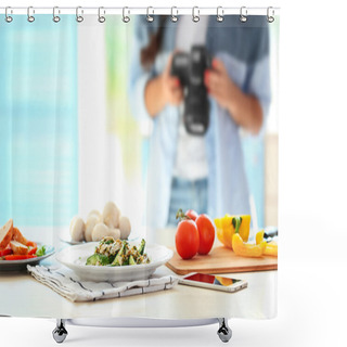 Personality  Plate With Salad On Table  Shower Curtains