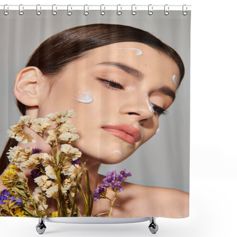 Personality  A Young Woman With Brunette Hair Covered In Cream, Creating A Stunning And Ethereal Look. Shower Curtains