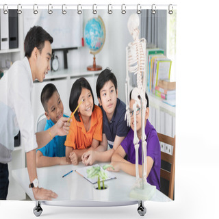 Personality  Asian Teacher Explains A Human Body Structure To Little Pupil. Shower Curtains