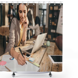 Personality  Beautiful Successful Business Woman Sitting At Desk With Laptop And Working On Project At Loft Office With Colleagues On Background Shower Curtains