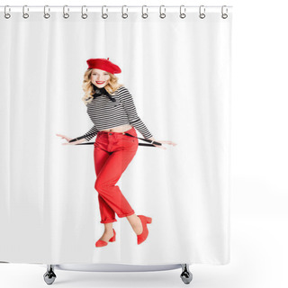 Personality  Smiling Pretty Woman In Red Beret And Holding Suspenders Isolated On White Shower Curtains