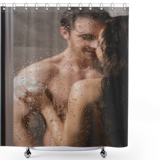 Personality  Selective Focus Of Sexy Couple Hugging And Taking Shower With Loofah In Cabin  Shower Curtains