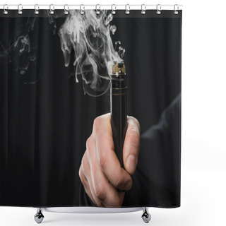 Personality  Cropped View Of Male Hand Activating Electronic Cigarette On Black Background Shower Curtains