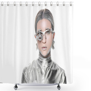 Personality  Portrait Of Silver Robot With Eye Prosthesis Looking At Camera Isolated On White, Future Technology Concept Shower Curtains
