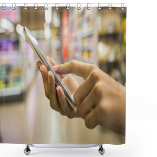 Personality  Woman Using Mobile Phone While Shopping In Supermarket Shower Curtains