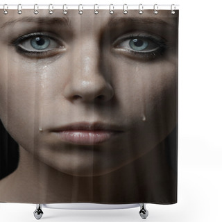 Personality  Violence And Abuse Of Girls Theme: Portrait Of A Beautiful Young Girl With Tears In Her Eyes, A Beautiful Sad Girl In The Studio Shower Curtains