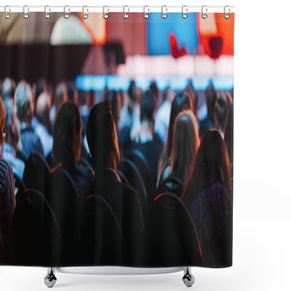 Personality  Speaker On The Stage With Rear View Of Audience In The Conference Hall Or Seminar Meeting, Business And Education Concept Shower Curtains
