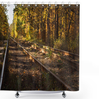 Personality  Railway In Autumnal Forest With Golden Foliage In Sunlight Shower Curtains