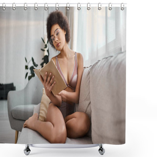 Personality  Relaxed And Curly-haired African American Woman Reading A Book In Lingerie On Comfy Couch, Serene Shower Curtains