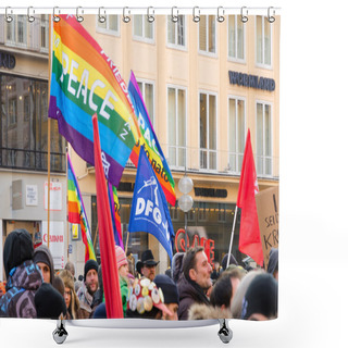 Personality  European Peaceful March With Flags Placards And Banners Shower Curtains