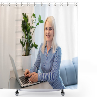 Personality  Woman Use Laptop. Student Researching Process Work. Young Business Woman Working Creative Startup Modern Office. Analyze Market Stock, New Strategy. Shower Curtains