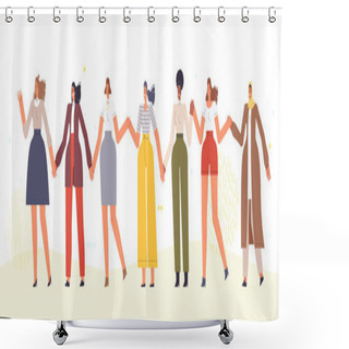 Personality  Women Walk And Hold Hands In A Dance. Multiracial Women Celebrate Spring Celebration On March 8 Shower Curtains