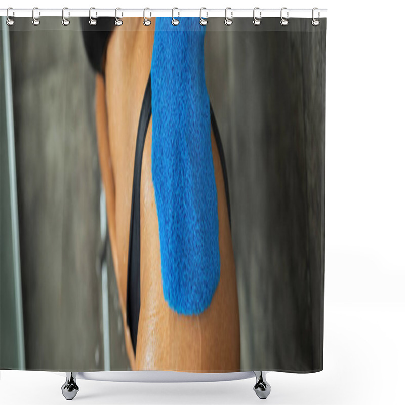 Personality  Cropped View Of Blurred African American Woman Cleaning Body With Glove In Shower, Banner  Shower Curtains