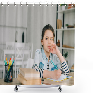 Personality  Thoughtful Child Looking Away While Sitting At Table And Doing Homework Shower Curtains