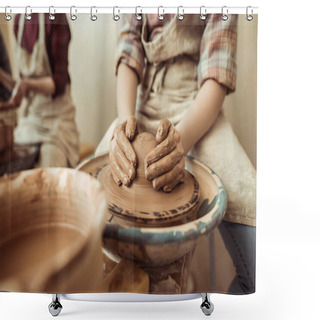 Personality  Close Up Of Child Hands Working On Pottery Wheel At Workshop Shower Curtains