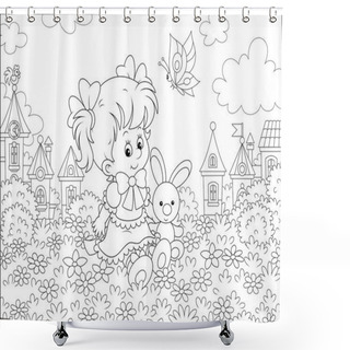 Personality  Cute Little Girl In A Beautiful Dress Sitting With A Small Toy Rabbit Among Flowers On A Lawn Against A Background Of A Small Town, Black And White Vector Illustration In A Cartoon Style Shower Curtains