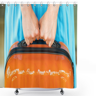 Personality  Woman In Blue Dress Holds Orange Suitcase In Hands Shower Curtains