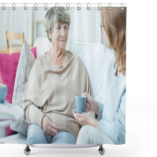 Personality  Senior Lady With Social Worker Shower Curtains