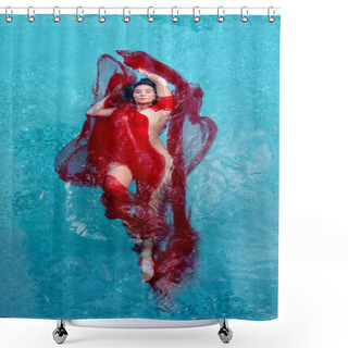 Personality  Beautiful Young Woman With Vitiligo Disease In Red Evening Dress, Floating Weightlessly Elegant In The Pool Shower Curtains