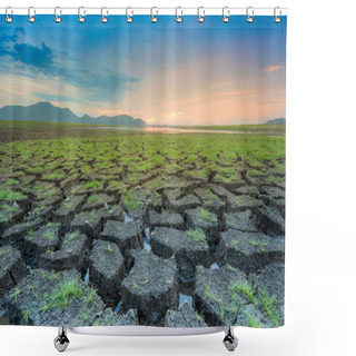 Personality  Crack Land With Small Early Birth Grass With Beautiful Skyline Shower Curtains