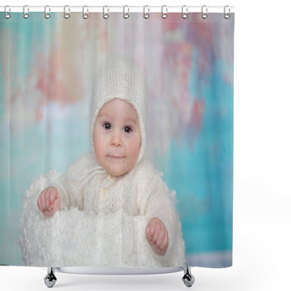 Personality  Little Cute Baby Boy, Dressed In Handmade Knitted White Teddy Be Shower Curtains