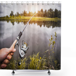Personality  Fishing With Rod On Lake Shower Curtains