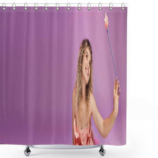 Personality  Dreamy Pretty Woman In Pink Vibrant Dress With Magic Wand Looking Away, Tooth Fairy Concept, Banner Shower Curtains